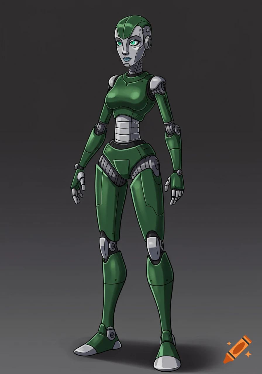 A cartoon-style female robot stands, with a dark green metal body, silver joints, teal eyes, and a sleek, helmet-like head.