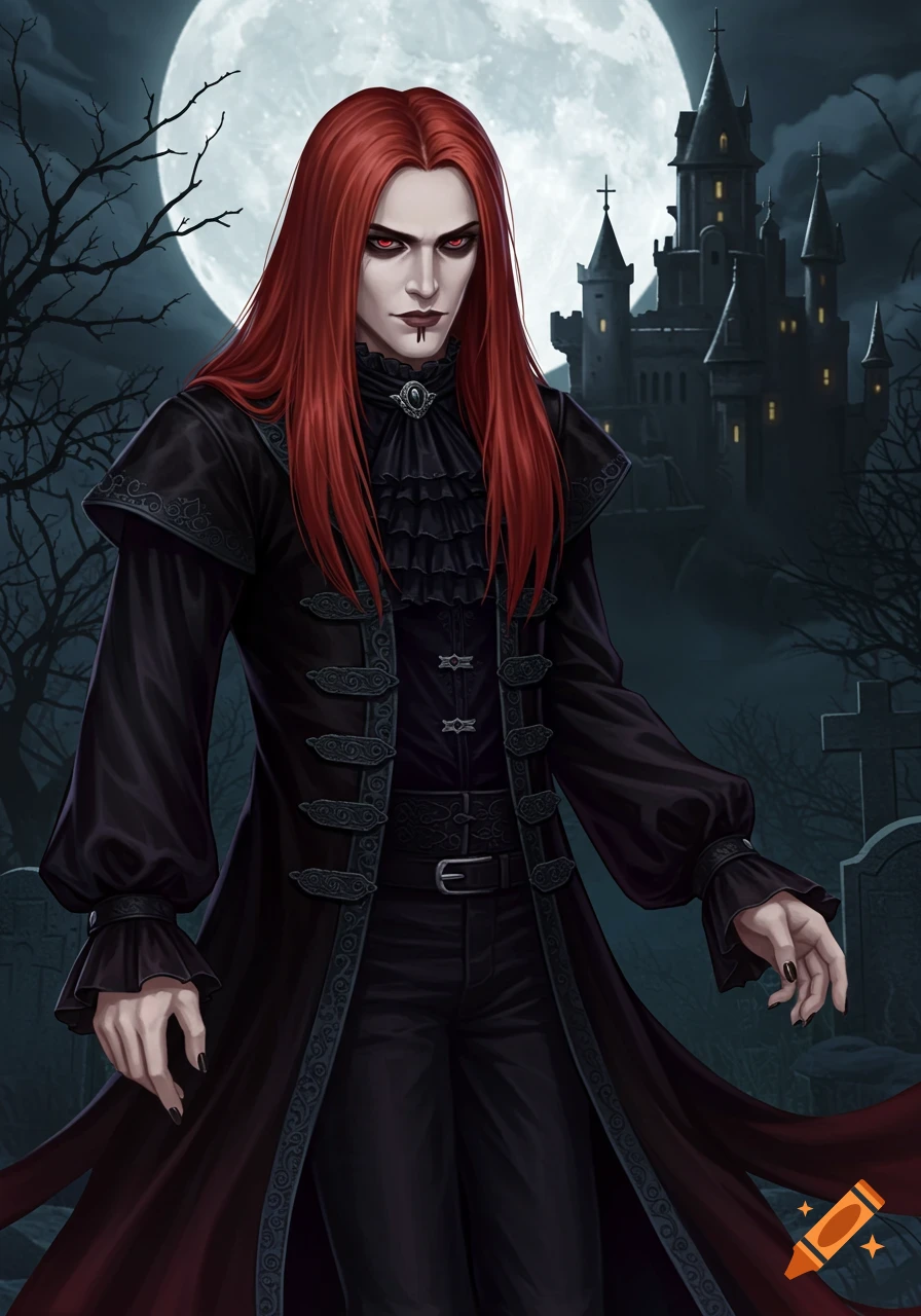 A long red-haired gothic man with red eyes stands in a graveyard before a castle and full moon.