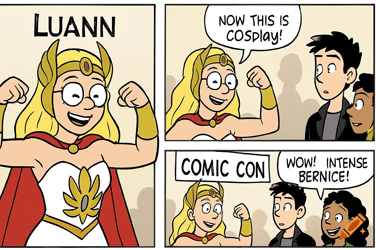 A cartoon comic strip features a girl in a superhero costume flexing at Comic Con as others watch.