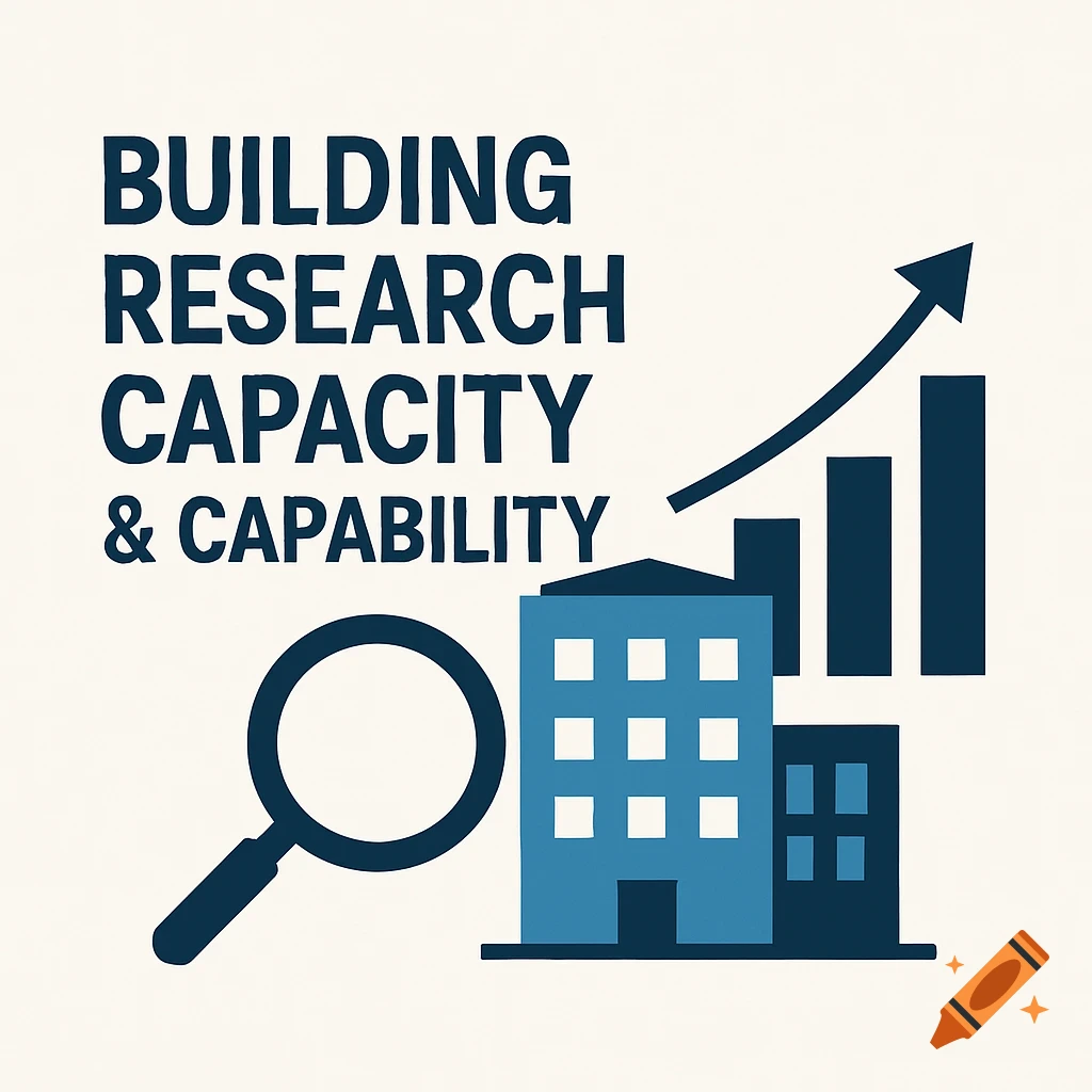 Graphic representing building research capacity and capability with text, a magnifying glass, buildings, and an upward trending bar chart.