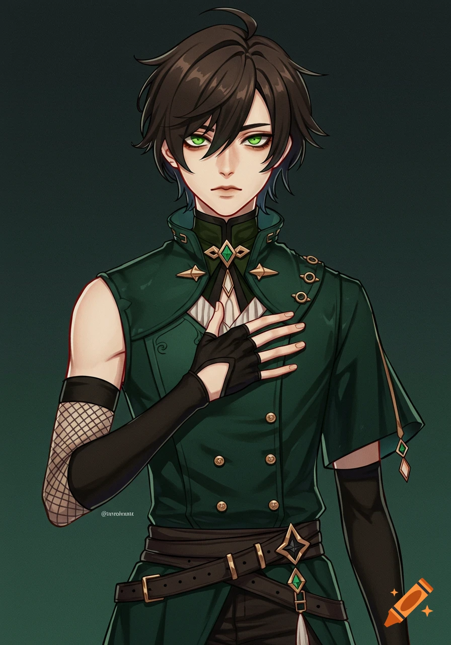 A stylized male character with dark brown hair and green eyes, wearing a dark green coat, black gloves, and fishnet arm warmer, in an anime art style.
