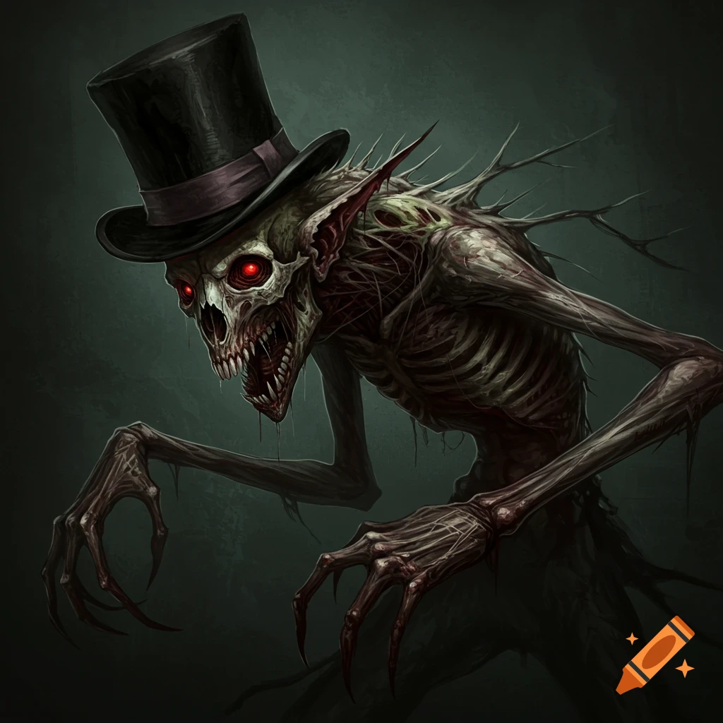 A skeletal wendigo creature with glowing red eyes and long claws, wearing a black top hat, in a dark, ominous setting.