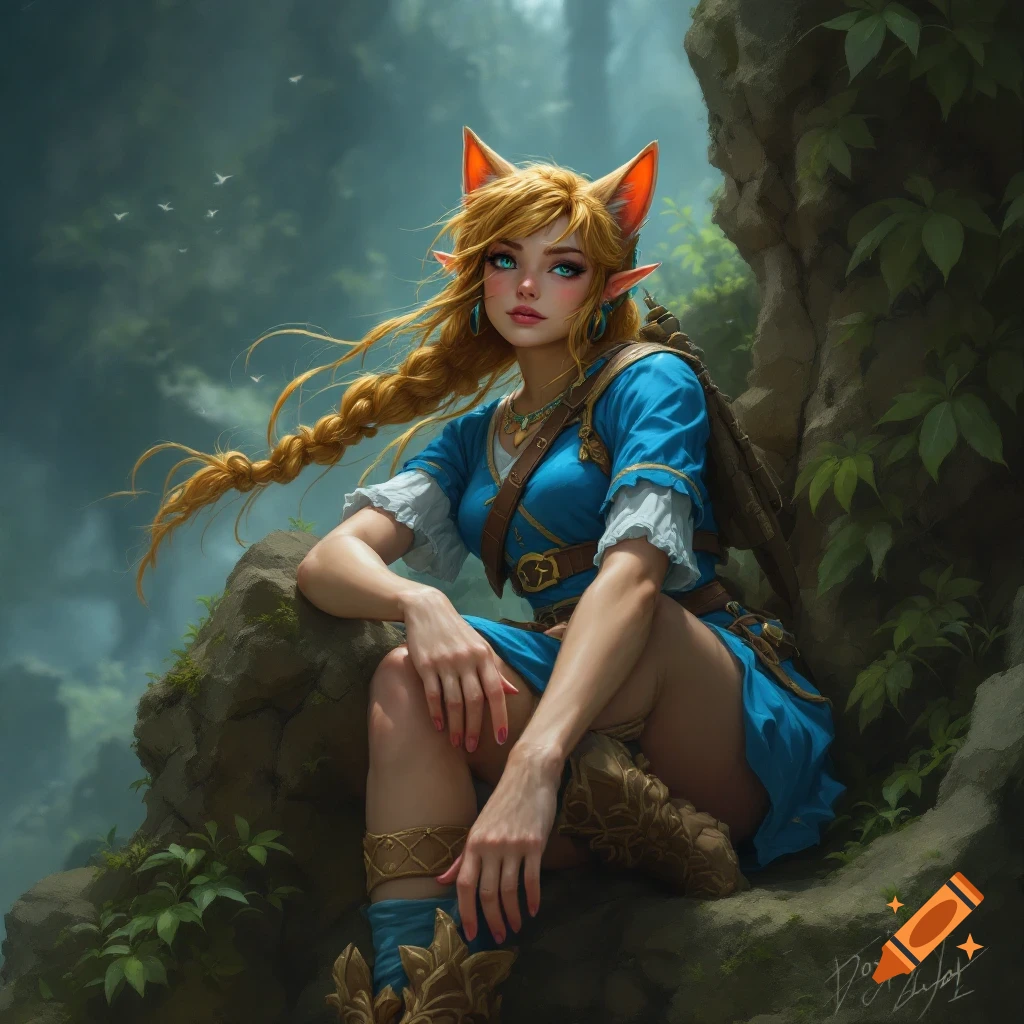 Cat-eared Link from The Legend of Zelda sits on a rock in a lush green forest, in a digital art style.