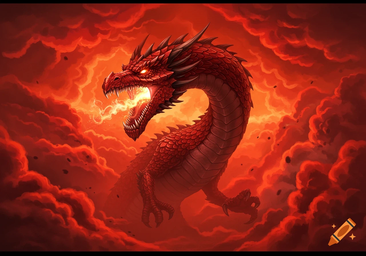 A vibrant red dragon with glowing eyes breathing fire, surrounded by swirling red and orange clouds.