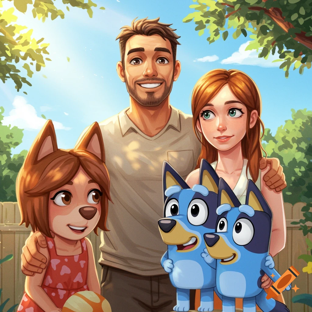 A family portrait featuring a man, woman, a child with animal ears, and two Bluey characters in a backyard setting.