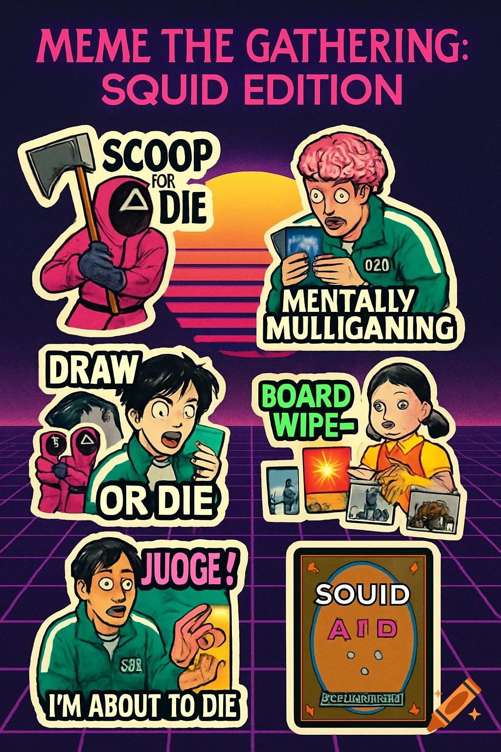 Retro-style sticker sheet with Squid Game and Magic: The Gathering themed memes. Features characters and elements from both properties with humorous text in a synthwave background.