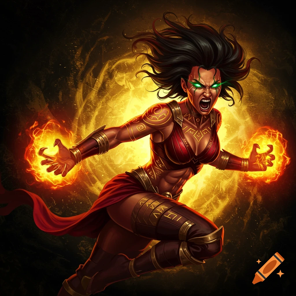 A powerful dark-skinned female warrior with green glowing eyes, wild black hair, in red and gold armor, conjures fireballs.
