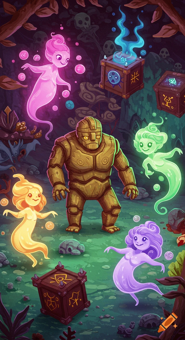 A stylized fantasy illustration of a brown golem surrounded by four glowing, colorful ghosts and mystical wooden boxes in a dark forest setting.