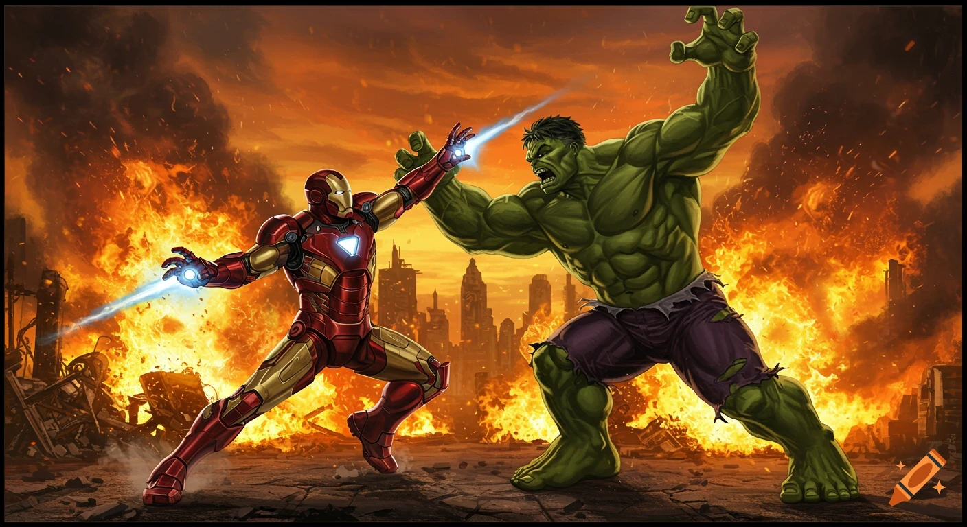 Iron Man and Hulk battle amidst flaming, destroyed buildings in a dynamic comic art style.