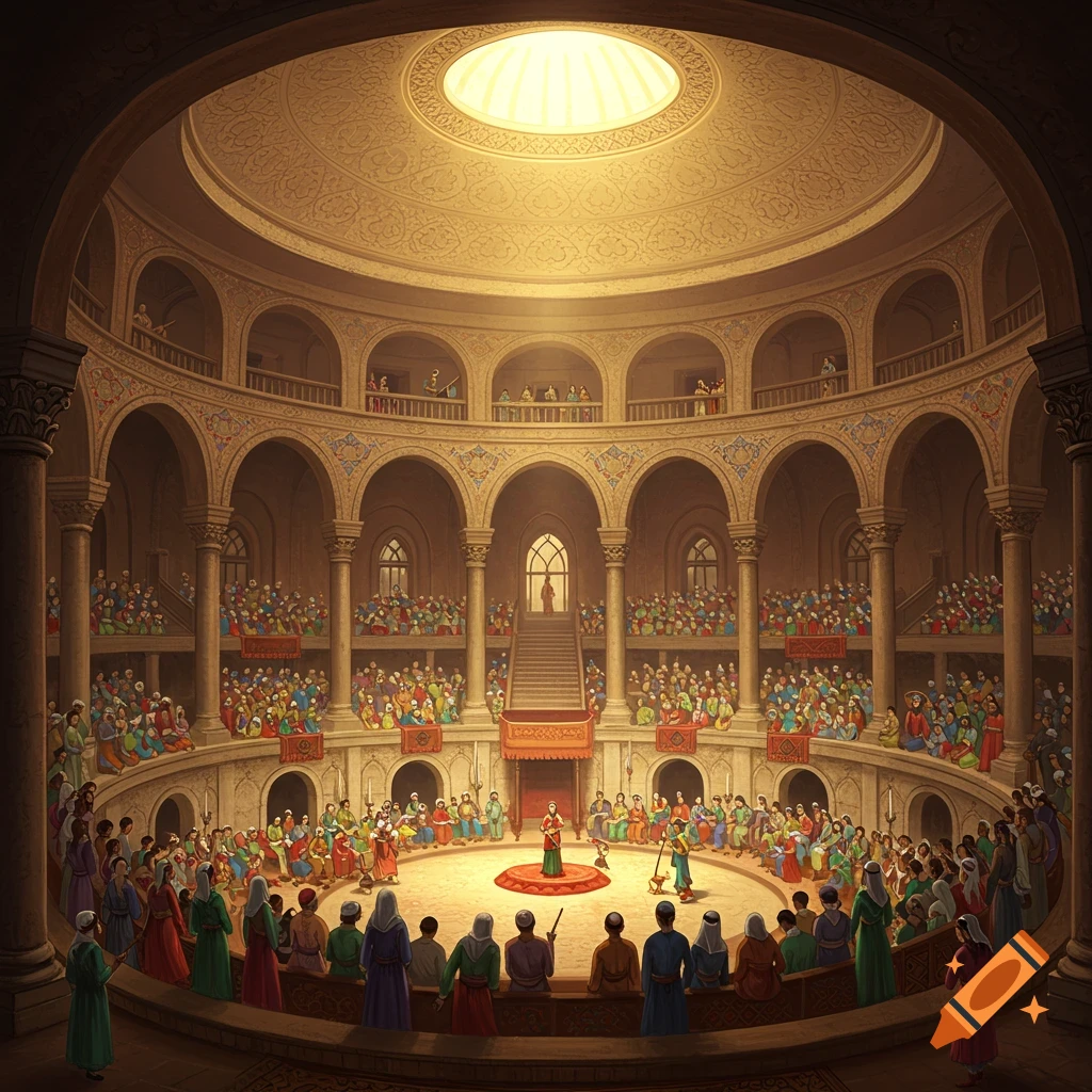 An ornate, circular amphitheater filled with a large crowd of people in traditional attire, bathed in light from a central dome.