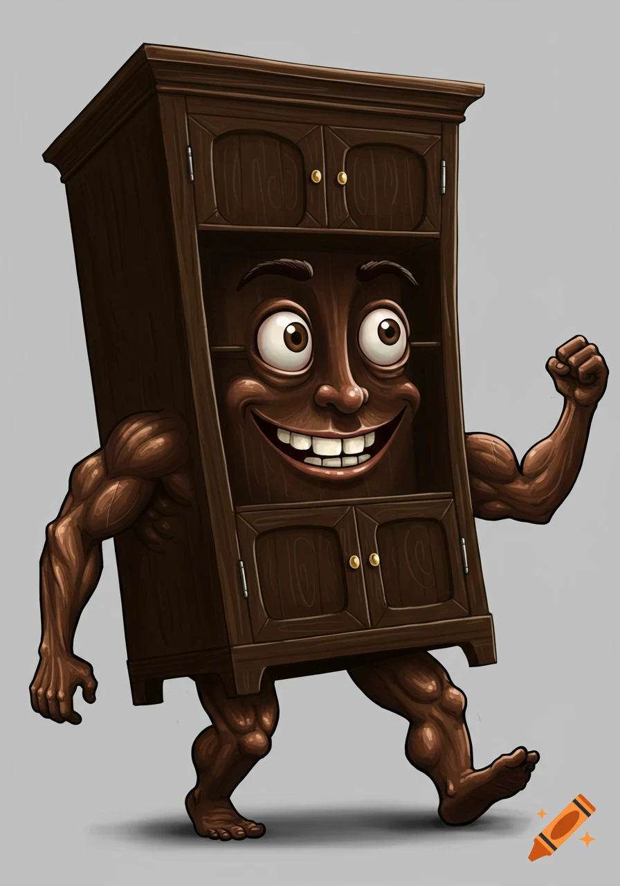 Cartoon of a happy, muscular brown wooden bookcase with a smiling face and big eyes, standing.