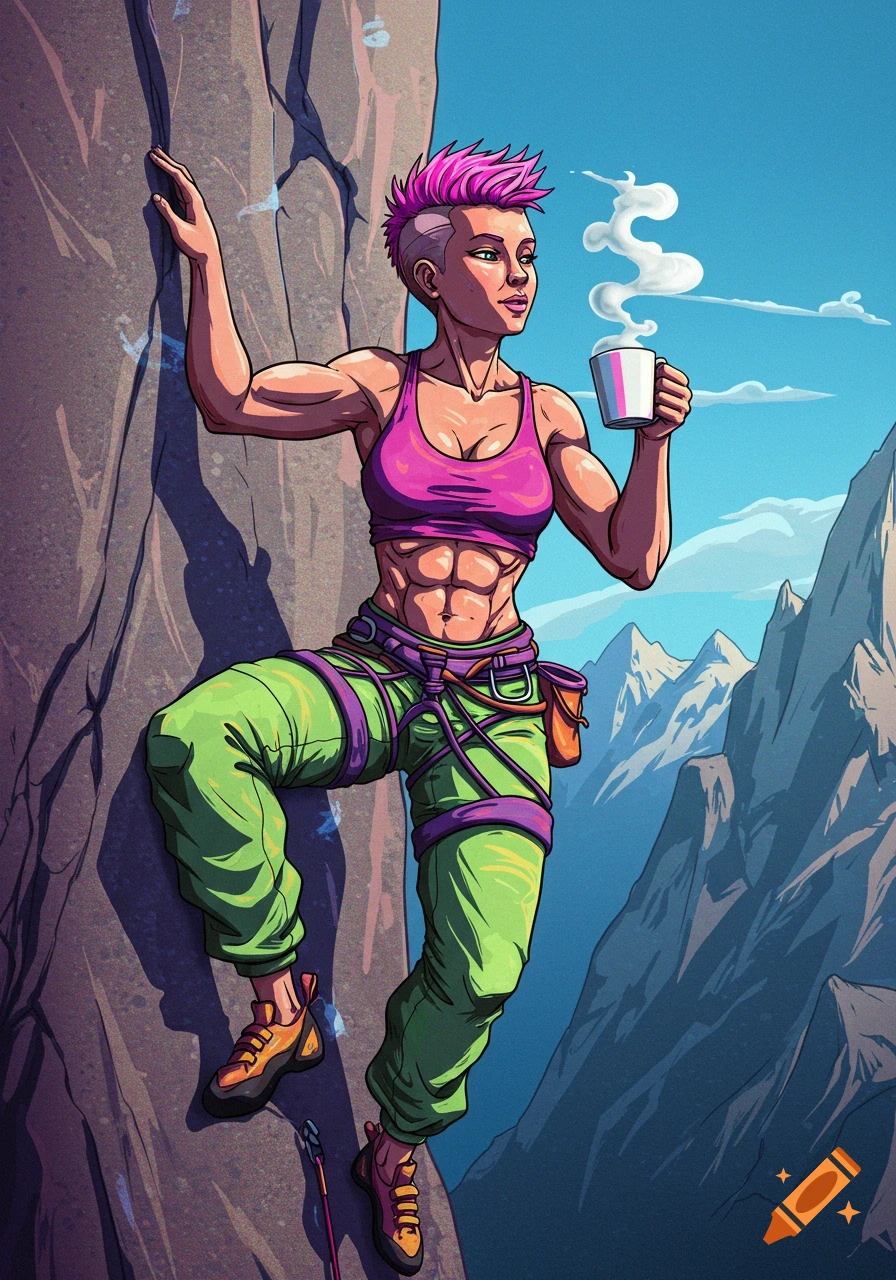 Comic illustration of a muscular female rock climber with pink hair holding a steaming coffee cup on a rock face, mountains behind her.