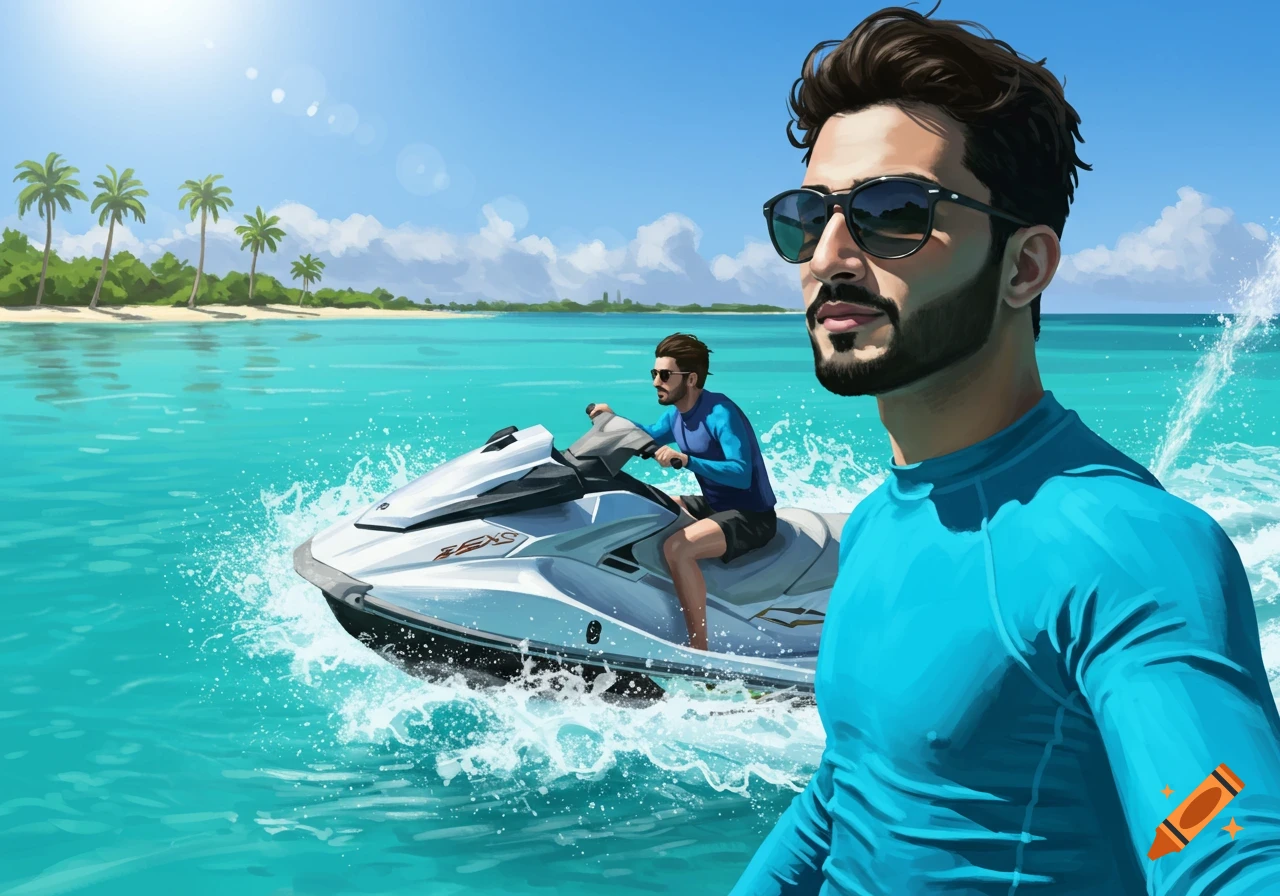 Illustrated scene of two men jet skiing in tropical turquoise water near a sandy beach with palm trees.