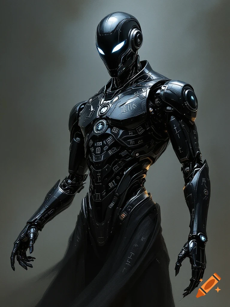 A solemn black metallic android with glowing white eyes and intricate armor, wearing a dark cloak.