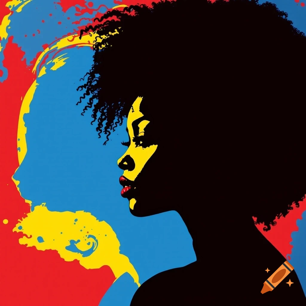 Stylized profile portrait of a Black woman with an afro, silhouetted in black and yellow against a vibrant blue and red background with paint splatters.