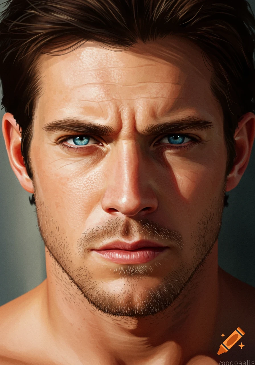 Close-up realistic portrait of a man with blue eyes and a furrowed brow.