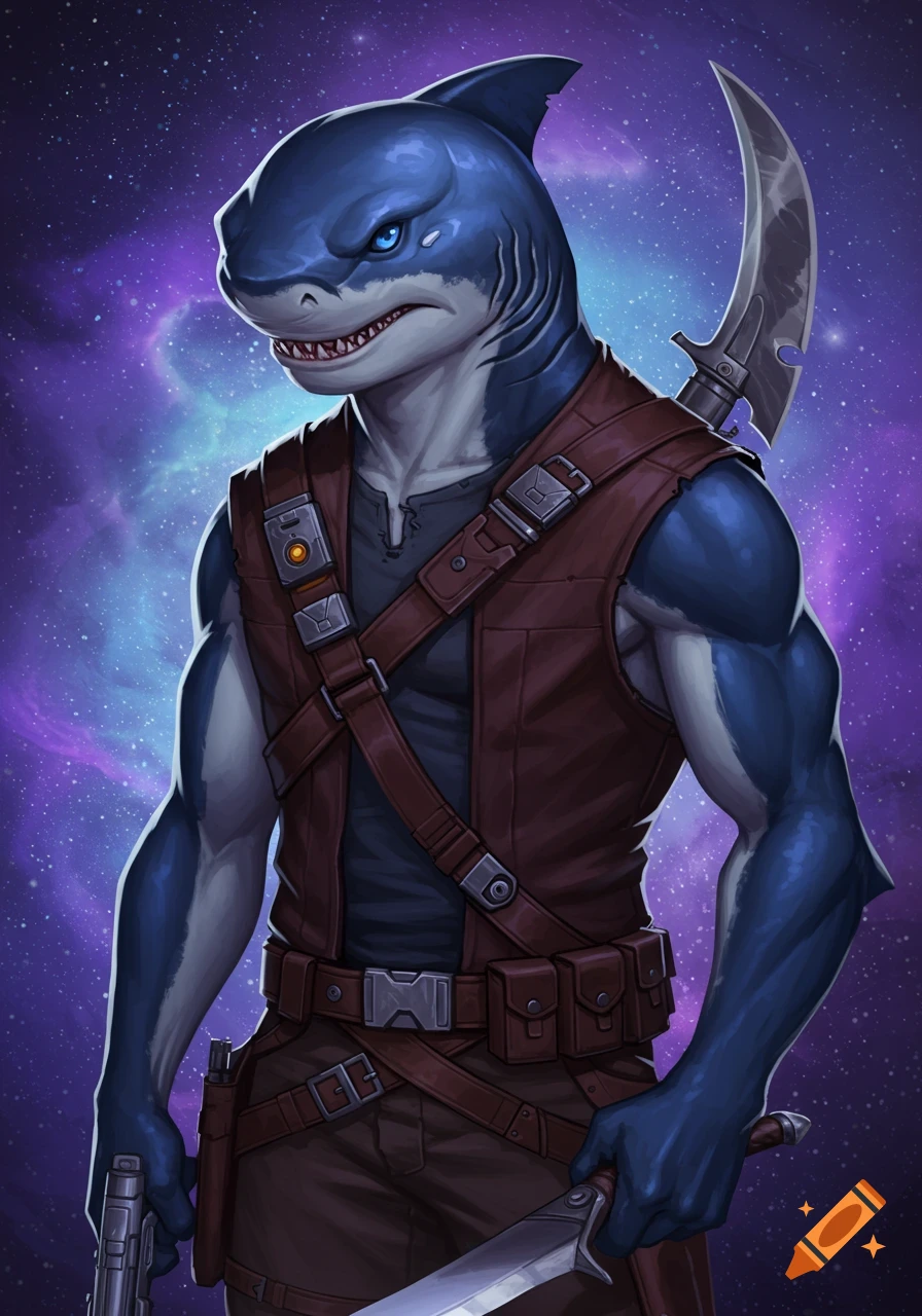 An anthropomorphic blue shark bounty hunter with weapons and a brown vest stands against a starry purple nebula background.