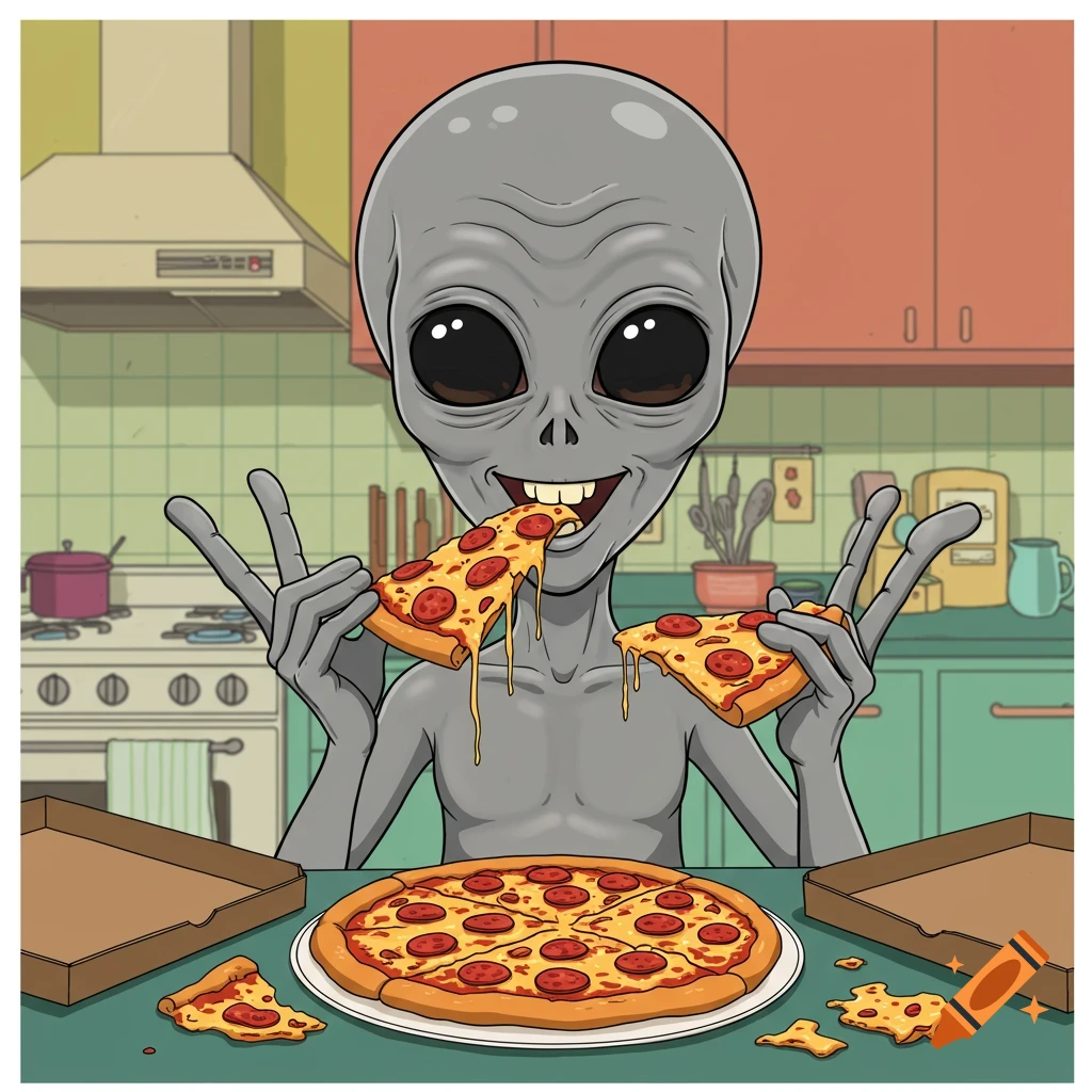 A cartoon gray alien happily eating a slice of pepperoni pizza while holding another, with a full pizza on a table in a kitchen.