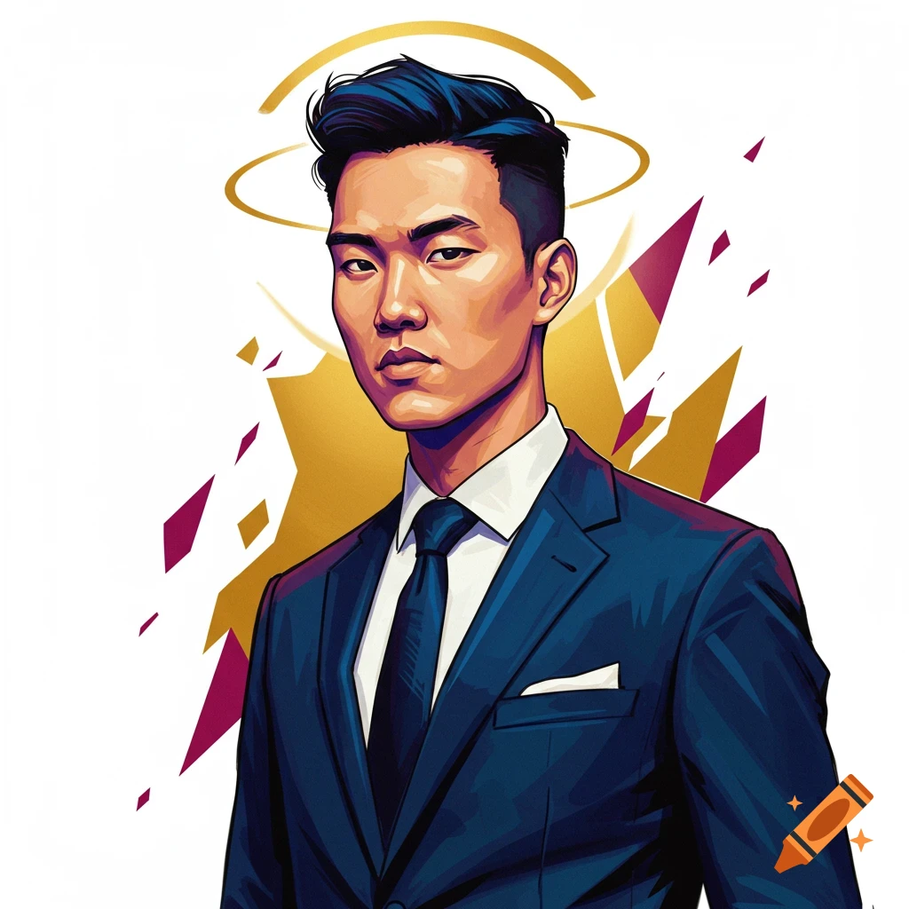 Stylized illustration of an Asian man in a dark suit with a tie, with a golden halo and geometric shapes in the background.