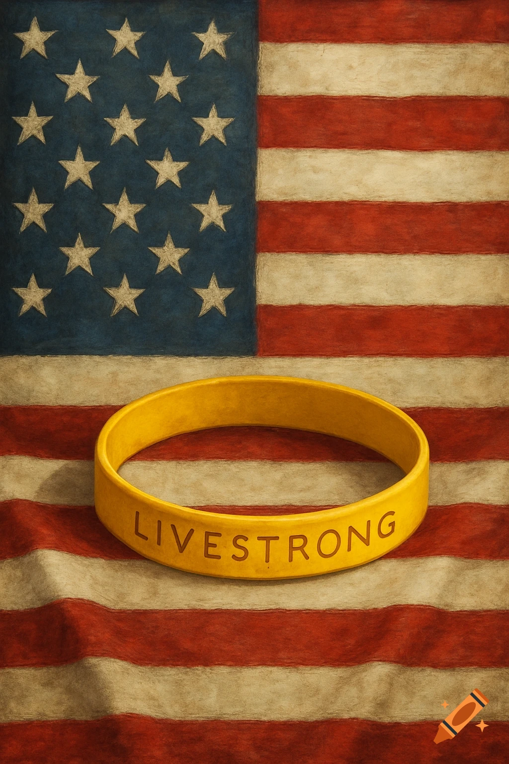 A yellow Livestrong bracelet rests on a textured American flag, depicted in a vintage or painterly style.