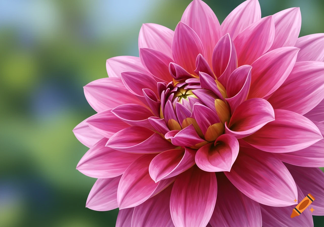 Close-up of a vibrant pink dahlia flower with a blurred green background, photorealistic style.