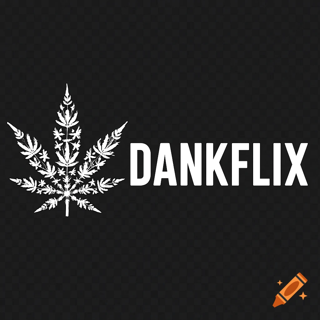 White marijuana leaf logo with the word DANKFLIX in a bold white font on a dark background.