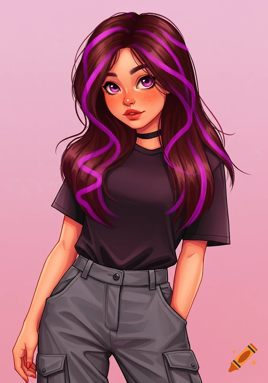An illustration of a girl with long brown hair and purple stripes, wearing a black t-shirt and grey cargo pants.