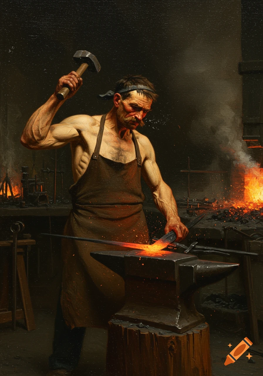 An oil painting of a muscular blacksmith, from the waist up, swinging a hammer at a glowing sword on an anvil in a dark forge.