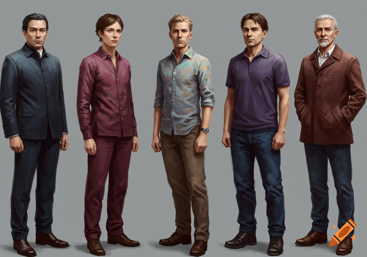 Five diverse individuals in varied casual and semi-formal attire stand in a row in a digital painting style.
