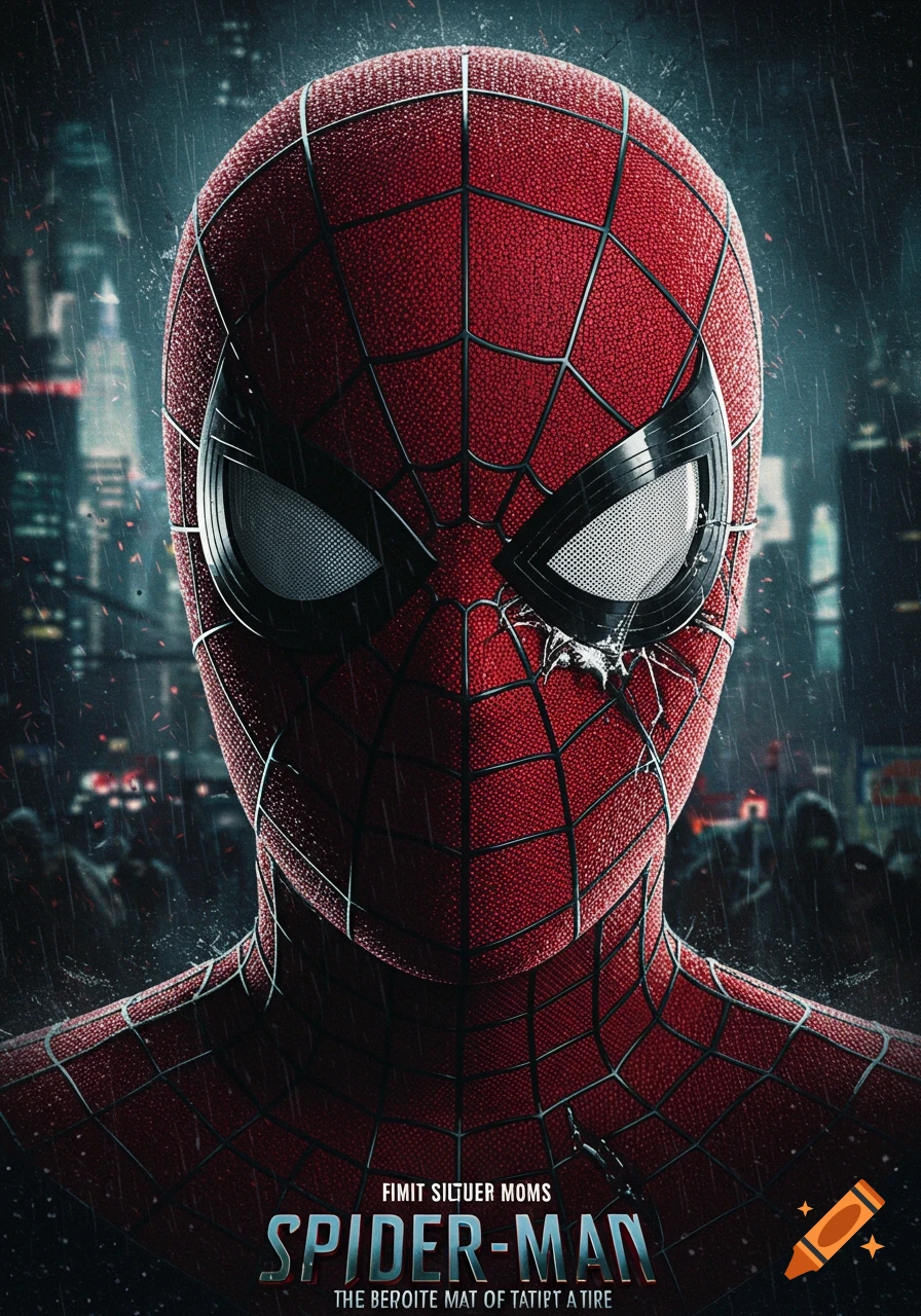 Close-up of Spider-Man's red mask with black web patterns, featuring a cracked left eye, against a dark, rainy city background.
