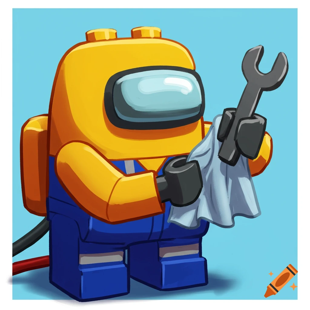 A yellow Lego-Among Us character in blue overalls holds a wrench and a rag against a light blue background, in a cartoon style.