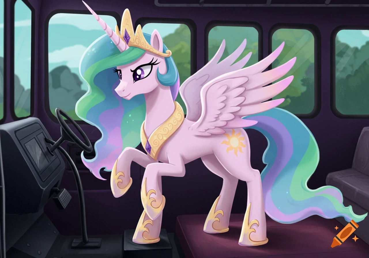 Princess Celestia, a pink alicorn pony with a rainbow mane and crown, stands inside a bus.