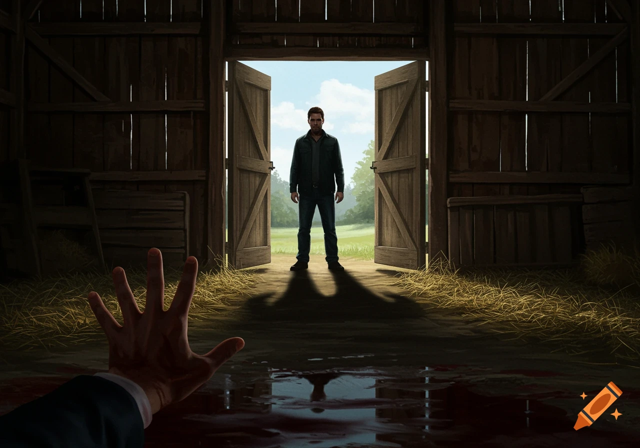 A man stands in a brightly lit barn doorway, silhouetted against a field, viewed from a dark floor with a pool of blood and an outstretched hand.