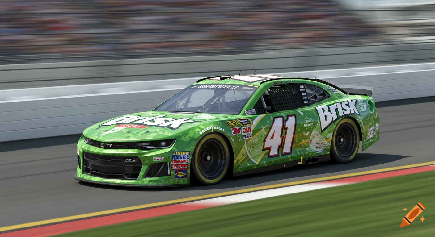 A green Chevrolet Camaro NASCAR race car with Brisk branding and the number 41 speeds around a track with blurred background.