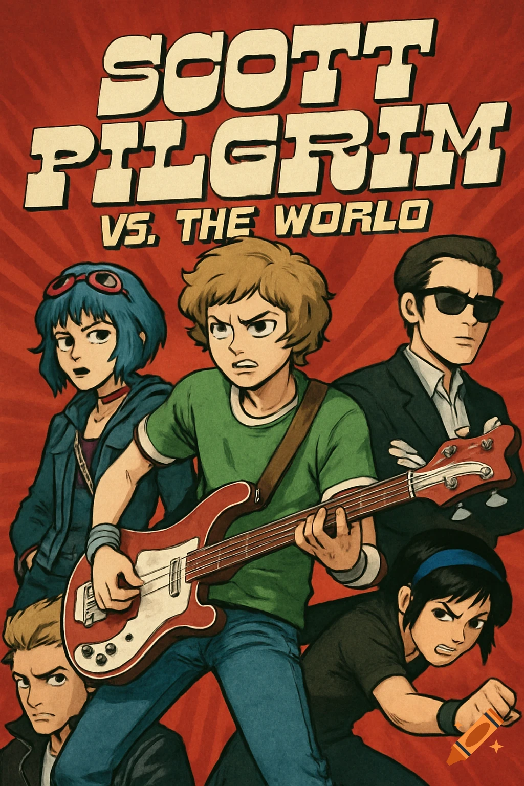 Comic book style poster for Scott Pilgrim vs. The World, featuring Scott Pilgrim playing a bass guitar surrounded by other characters on a red background.