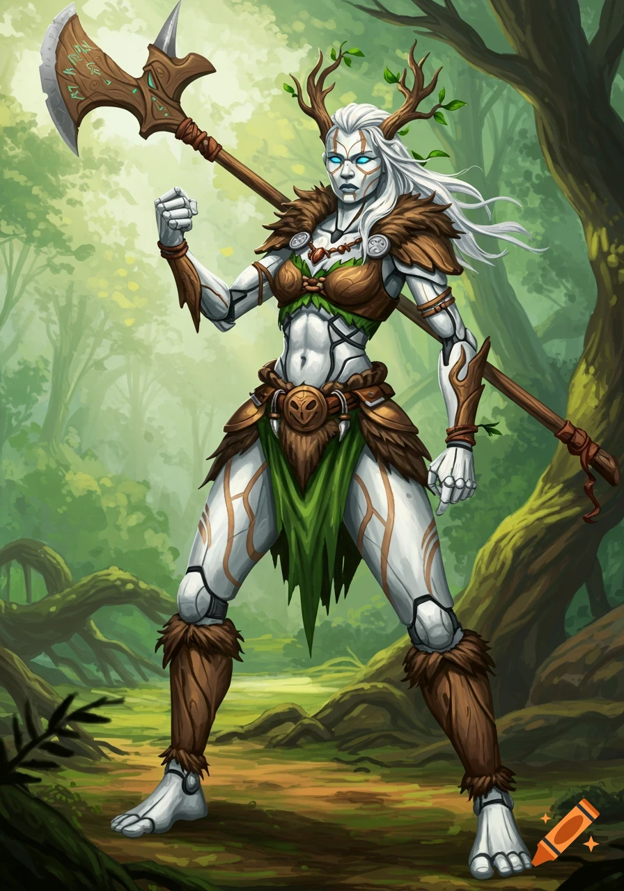 A white-skinned female warforged barbarian with antlers and fur armor stands in a lush green forest, holding a large axe.