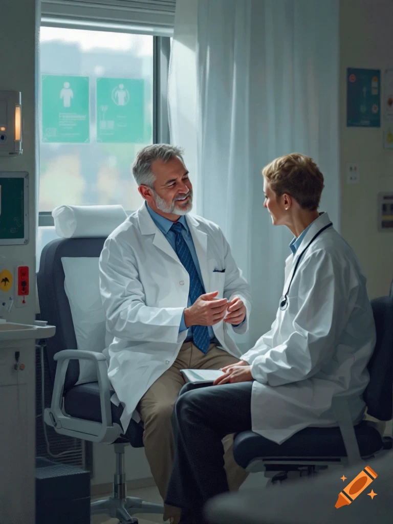 Two photorealistic doctors, a man and a woman, converse and smile in a medical office or hospital room.