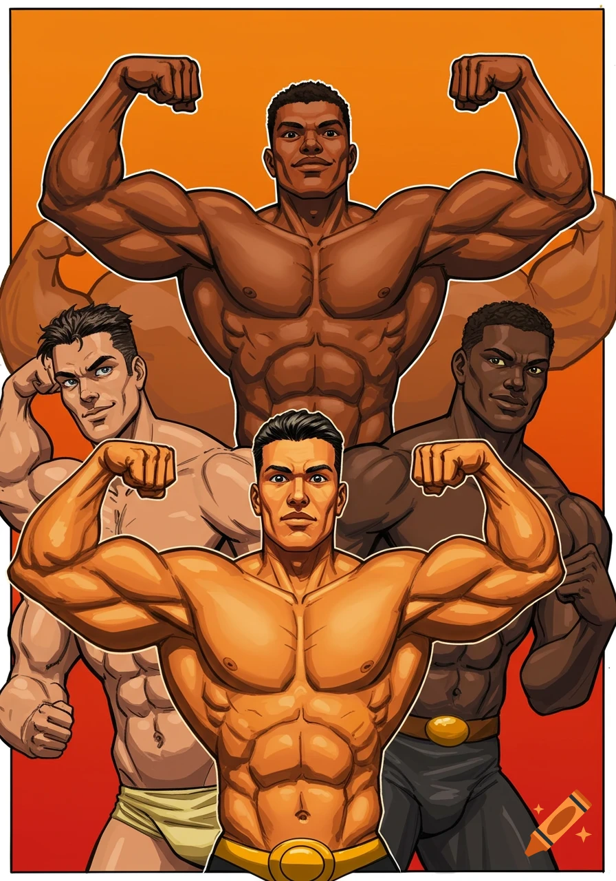 Multiple muscular men with different skin tones flexing their muscles against an orange and red background in a comic book illustration style.