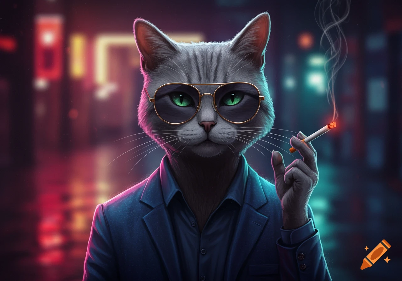 A grey anthropomorphic cat in a blue suit and sunglasses smokes a cigarette in a neon-lit city at night. Digital art.