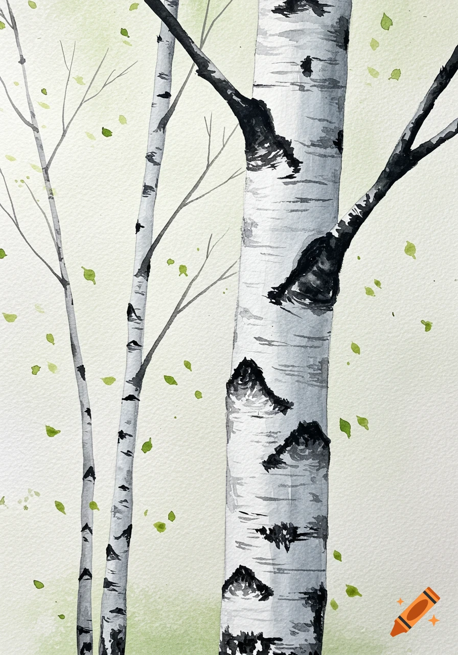 A watercolor painting of three birch trees with white bark and black markings, featuring scattered green leaves.