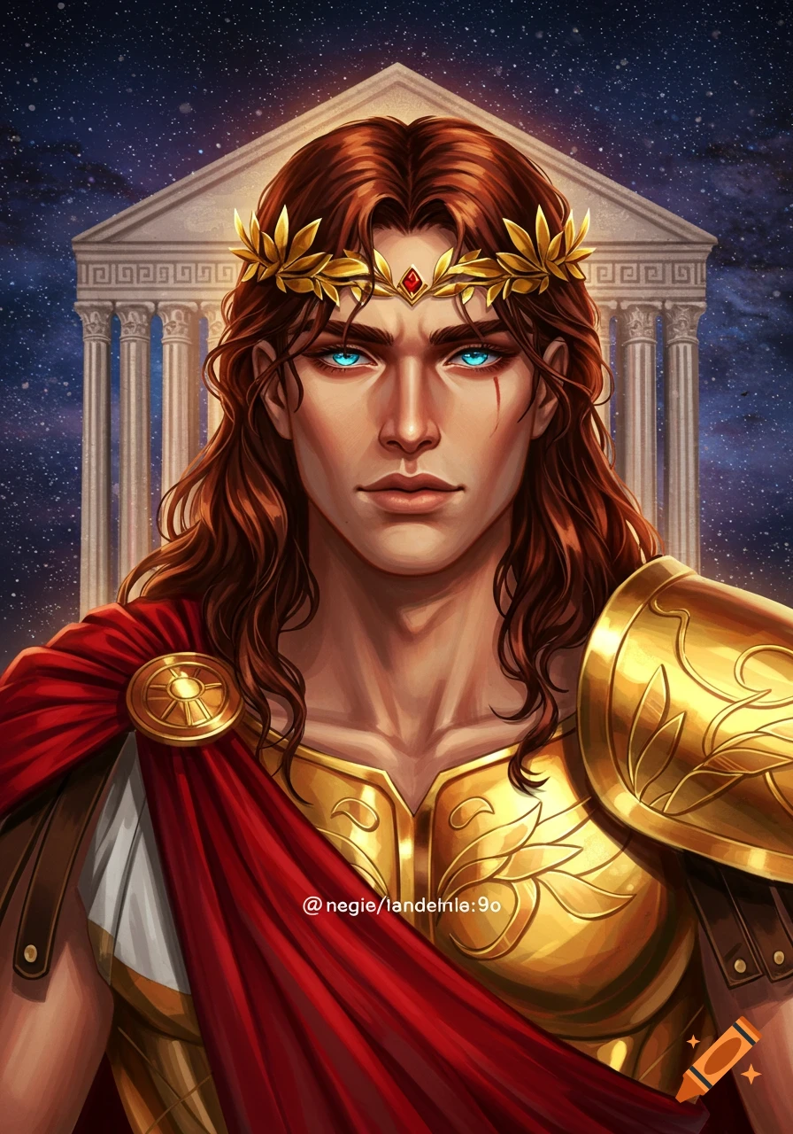 A handsome man with long brown hair, glowing blue eyes, and a golden laurel wreath, wearing red cape and golden armor, in front of a classical temple under a starry night sky.
