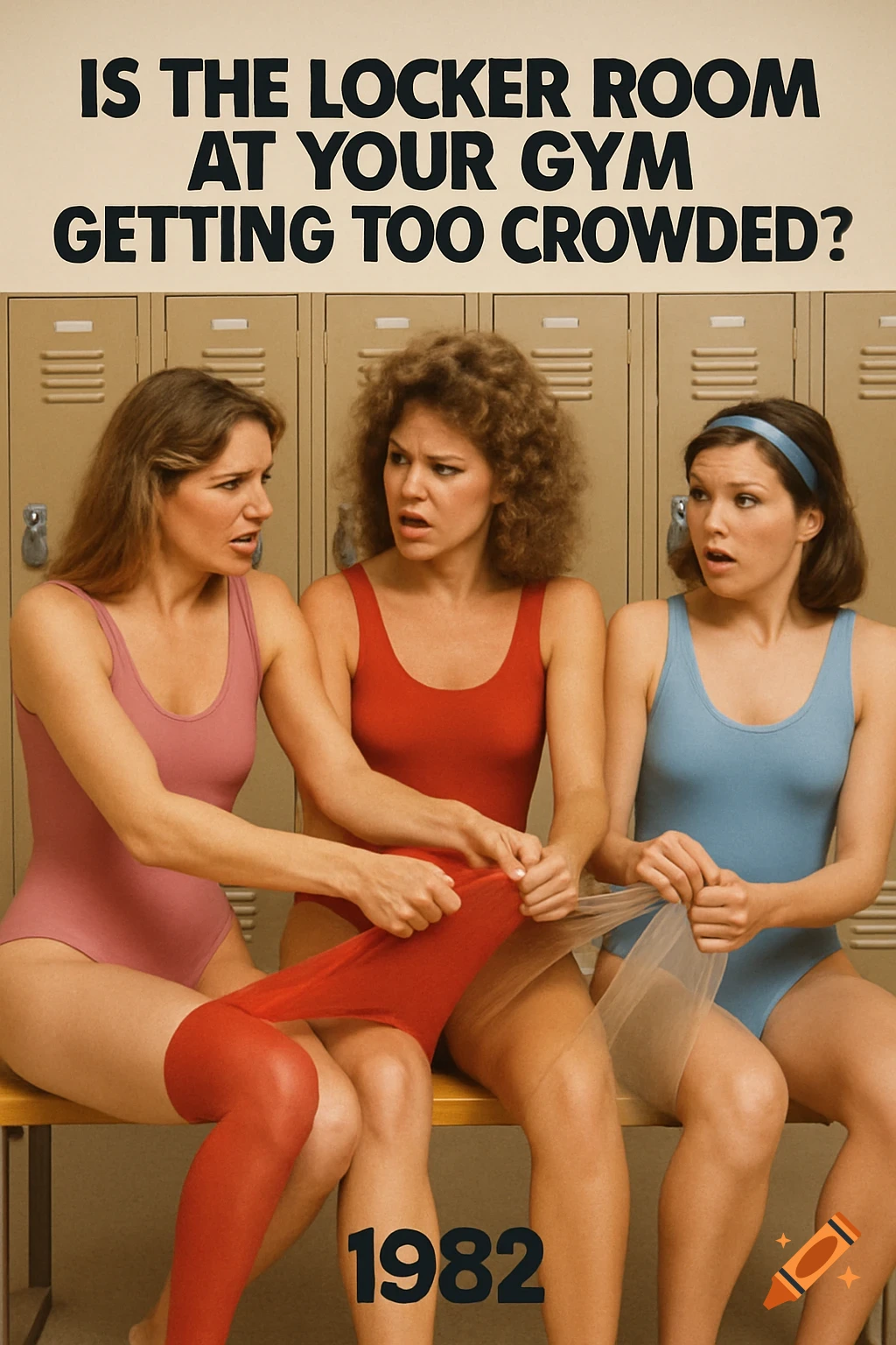 Three women in leotards in a 1980s locker room struggle to put on tights, with text asking 'IS THE LOCKER ROOM AT YOUR GYM GETTING TOO CROWDED?' and '1982'.