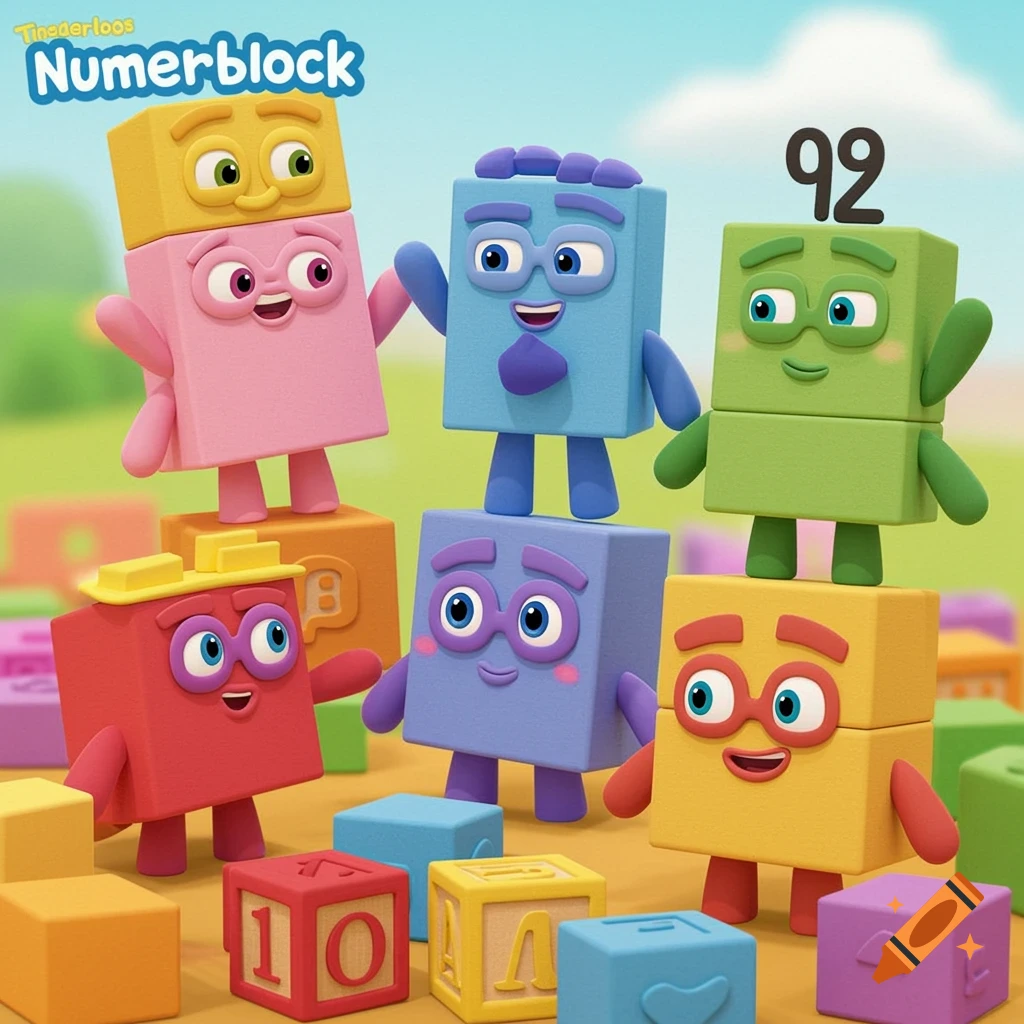 Colorful block characters, known as Numberblocks, with expressive faces stand on and around various blocks, in a bright animated style.