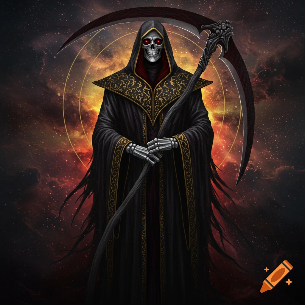 A skeletal Grim Reaper in a black and gold hooded robe holds a scythe, standing against a fiery cosmic background with a golden halo.