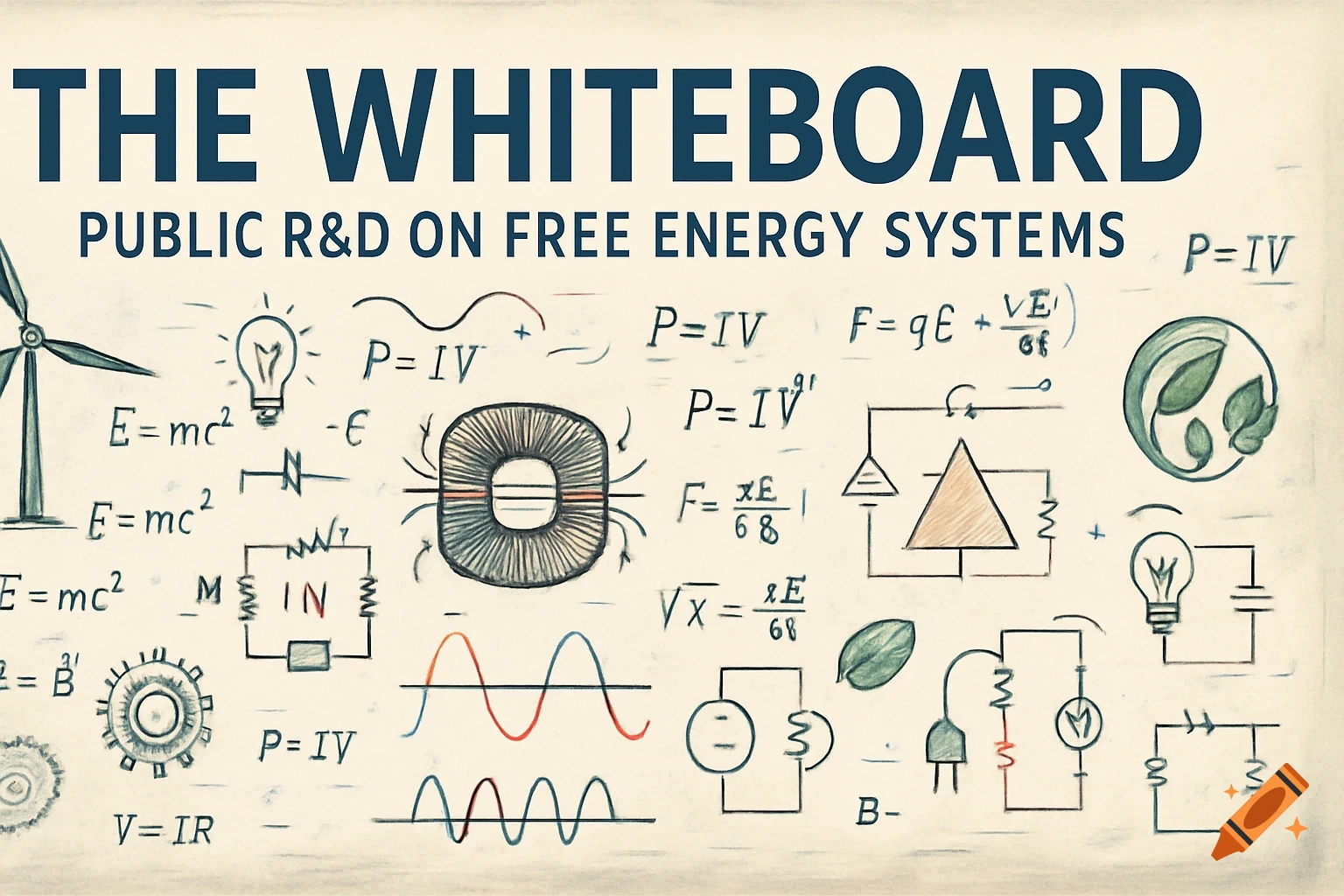 Whiteboard with scientific equations, circuit diagrams, a wind turbine, and green energy symbols. Text: 'THE WHITEBOARD PUBLIC R&D ON FREE ENERGY SYSTEMS'.