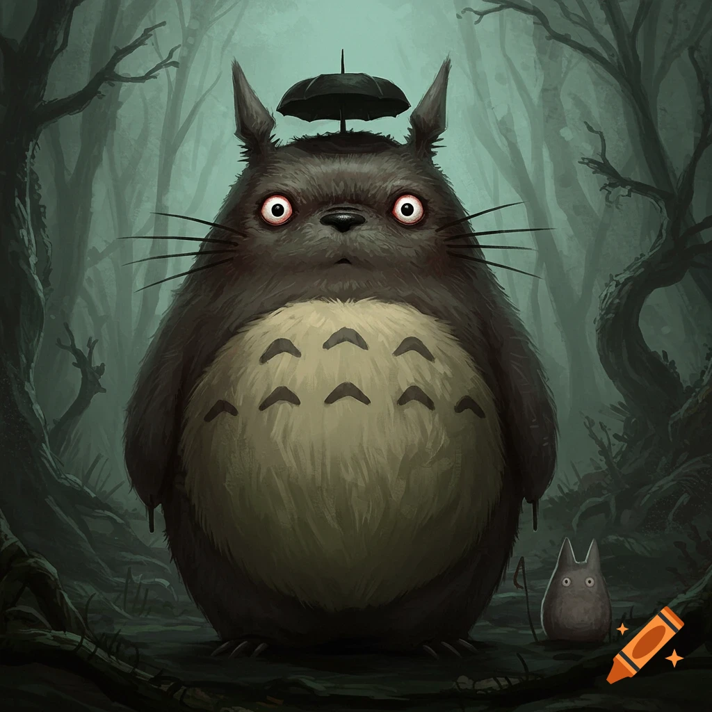 A large, dark, furry creature resembling Totoro with red eyes stands in a grimdark forest, a tiny grey creature nearby.