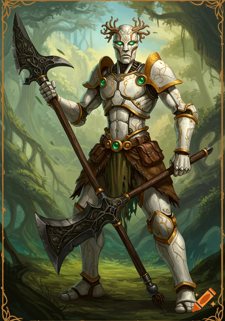A porcelain warforged barbarian in white and gold armor with glowing green eyes and antler-like headpiece, holding a halberd and an axe in a lush forest, fantasy art style.