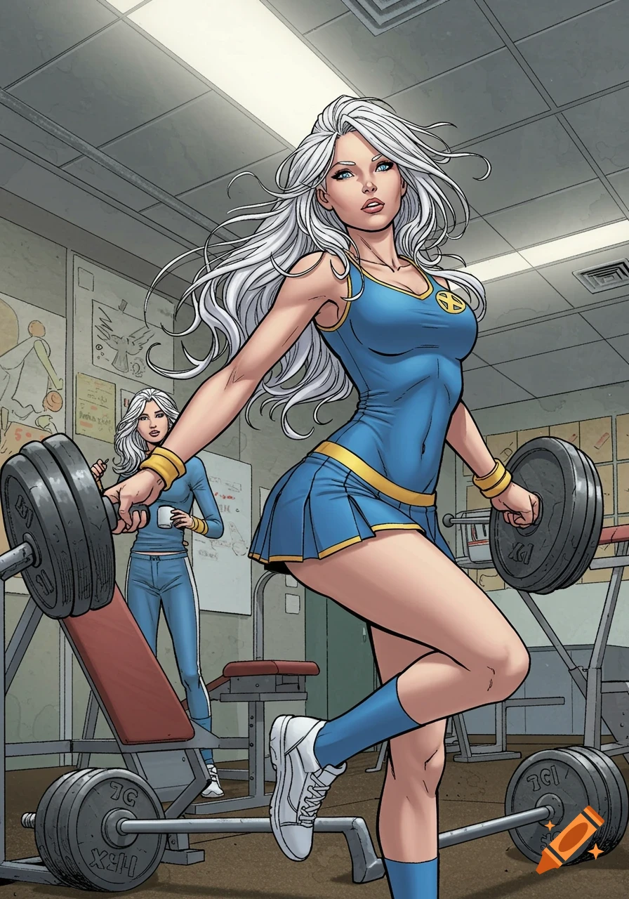 A female character with long white hair in a blue and yellow gym uniform lifts weights in a school gym in a comic art style.