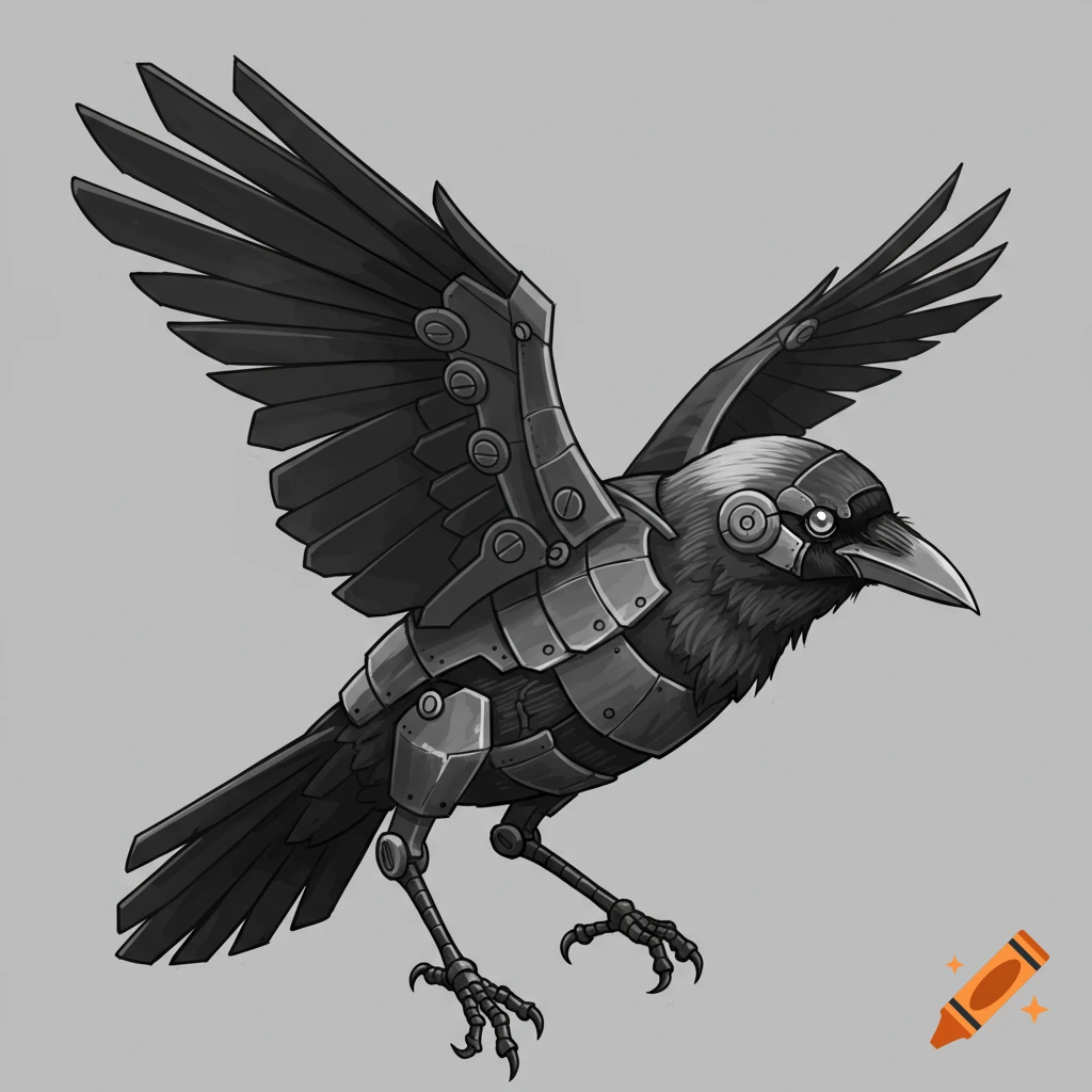 A detailed monochrome illustration of a mechanical crow with spread wings and geometric plating.
