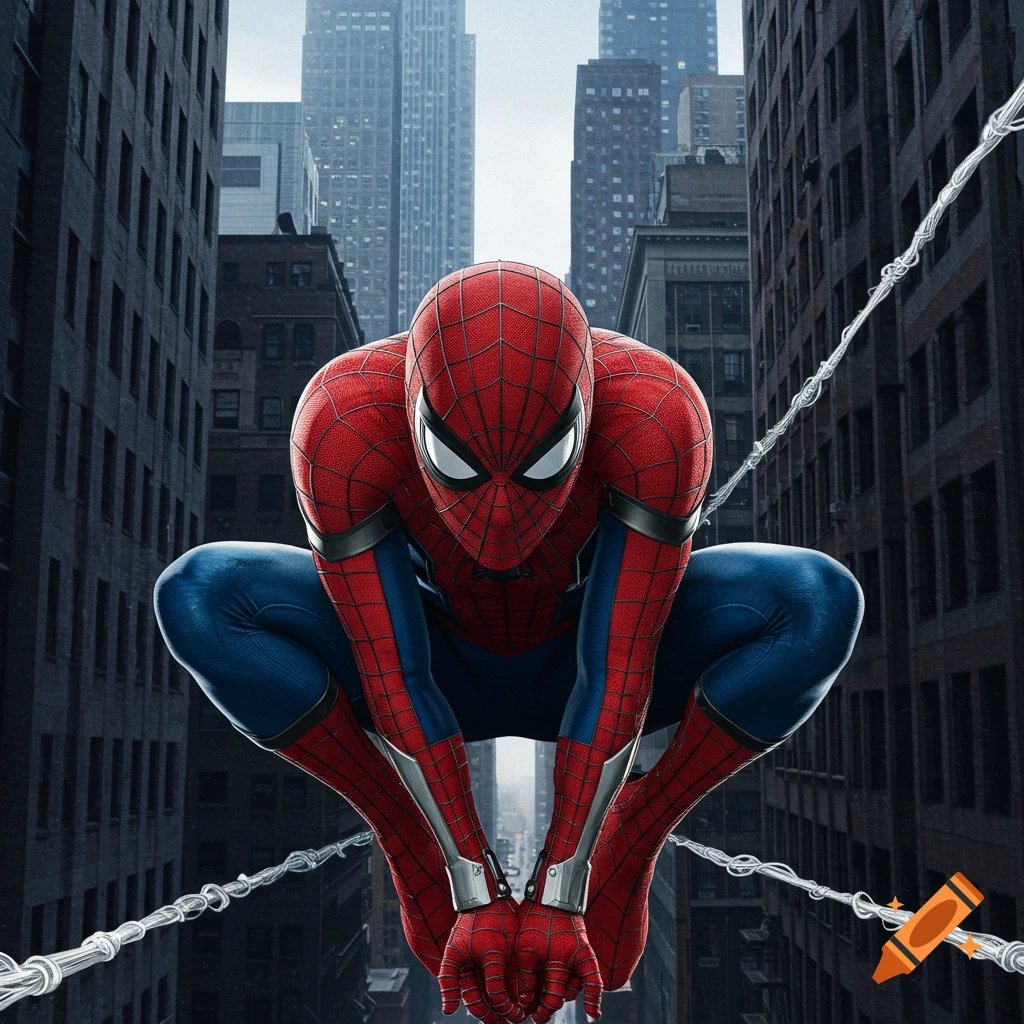 Spider-Man in his classic red and blue suit crouches ready to spring into action between tall city buildings.